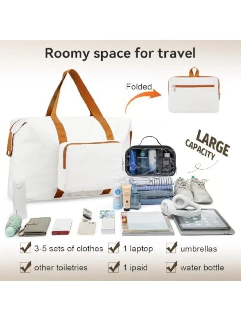 Spacious 60L Travel Duffel Bag - Foldable Large Tote for Carry-On, White/Brown